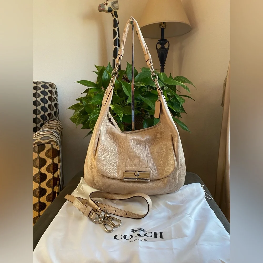 Coach Kristin Champagne Cream Pebble Soft Leather Hobo, Large, Dust Bag, Strap